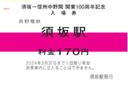 ↑　100周年記念入場券セットの内、須坂駅入場券